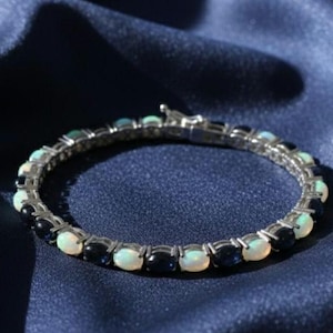 Natural Blue Sapphire and Opal Bracelet for women | Oval Cut Gemstone Tennis Bracelet |  Birthstone Jewelry Gift for Women.