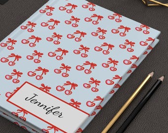 Custom Coquette Cherry Bow Notebook, Personalised Cute Pastel Coquette Cherry Hardcover Journal, Custom Name School Notebook