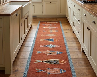 Hand-Knotted Wool Fish Runner Rug: Oushak Pictorial Coastal Style Area Carpet
