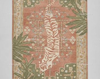May include: A rectangular rug with a tiger design. The rug has a red background with a cream-coloured tiger and green and cream-coloured floral and leaf patterns. The border is cream-coloured with a floral design. The text "Carpet Centre" is repeated around the border.