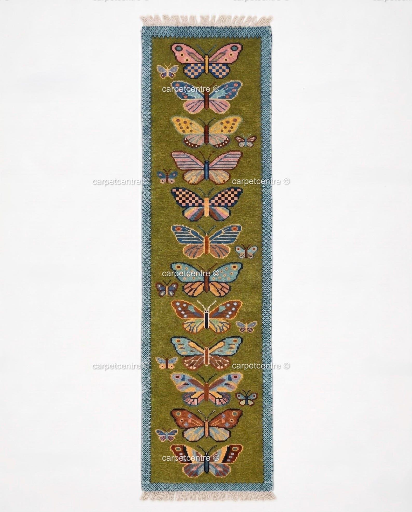 Handmade Wool Butterfly Runner Rug – Olive Green Insect Motif Carpet - 2x20ft Order Made