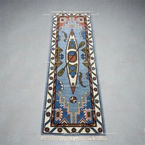 Handgeknüpfter Wollläufer, Kanu-Motiv im Oushak-Stil, Dekoration für Küstenhütten