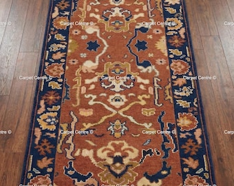 Handgeknüpfter Wollteppich, Rost-Navy Geometrischer Oushak, Boho Südwestern Dekor