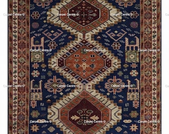 Tribal Donegal Hand Knotted Wool Oushak Rug – 8x10 9x12 Navy Blue & Rust Vintage Turkish Rug For Bedroom - Living Room