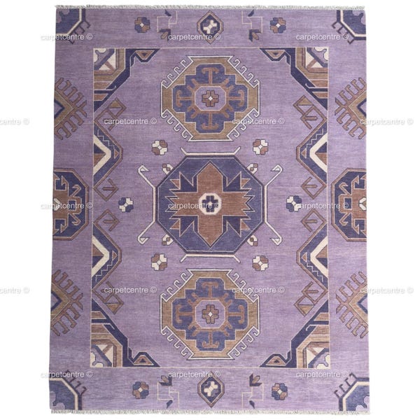 Alfombra Oushak de lana anudada a mano, alfombra turca geométrica lila lavanda, decoración bohemia pastel para habitación infantil.
