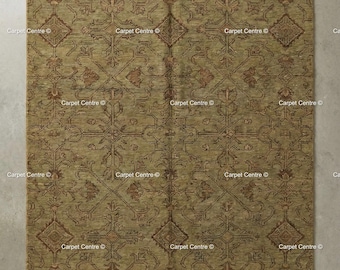 Tapis Oushak en laine noué à la main, tapis géométrique vert olive estompé