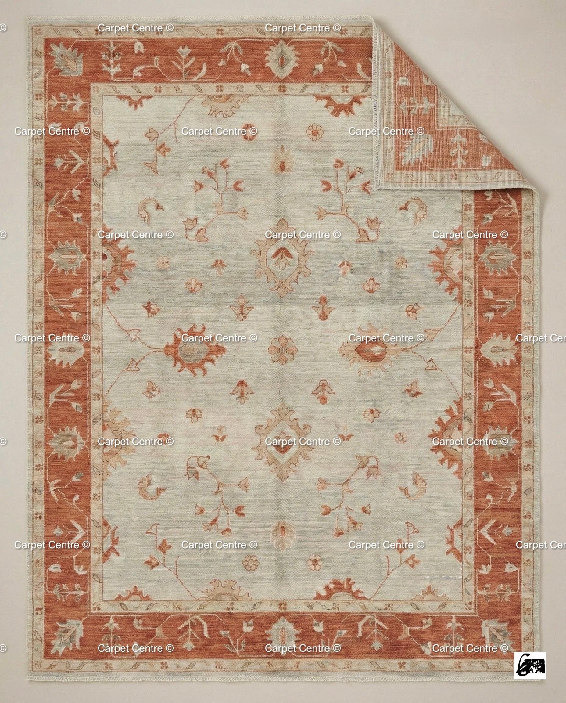 Hand-knotted Oushak Wool Rug, Muted Blue, Terracotta Border - Etsy
