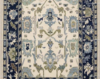 Hand Knotted Wool Oushak Rug | Navy, Cream, and Sage