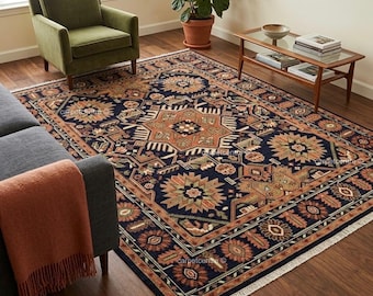 Hand-Knotted Oushak Wool Rug: Navy Blue Rust Tribal Rug, Traditional Decor