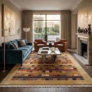 Hand-Knotted Wool Area Rug | Patchwork Tribal Geometric Design (8x6)