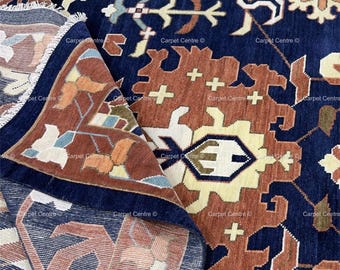 Navy Blue Oushak Rug, Rust Geometric Turkish Tribal Boho Area Rug