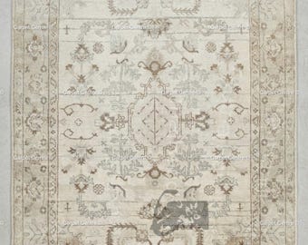 Neutral Beige Oushak Rug, Muted Cream & Taupe Medallion, Hand Knotted Wool Area Rug, Vintage Distressed Look, Modern Farmhouse Decor