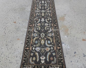 Hand-Knotted Wool Runner Rug, Charcoal Gray Traditional Floral Hallway Rug, 2x8