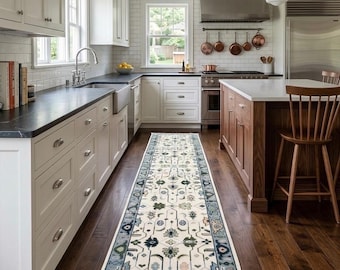 Hand Knotted Oushak Runner, Ivory Blue Wool Hallway Rug, Modern Farmhouse Style