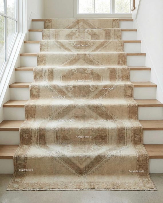 Vintage Hand Knotted Oushak Runner Rug, Turkish Wool, Muted Beige Geometric Hallway Carpet