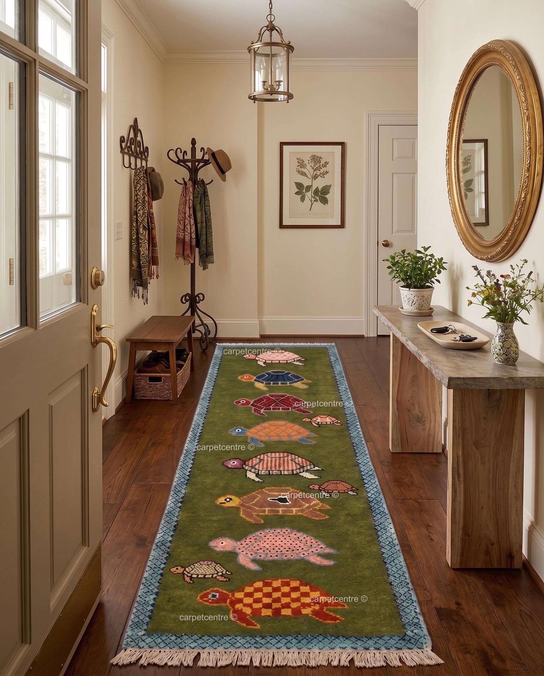 Tortoise Shell Rug Handmade Wool Turtle Runner Rug – Olive Green Tortoise Design Hallway ...