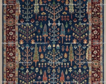 May include: A rectangular, navy blue rug with a detailed tree of life design. The rug features a central field of navy blue with a repeating pattern of stylized trees in various colors. A burgundy border with floral motifs frames the design. The text "Carpet Centre" is visible.