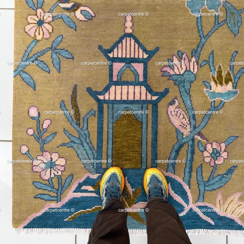 Olive Green Chinoiserie Wool Rug, Hand-knotted Bird Pagoda Design - Etsy