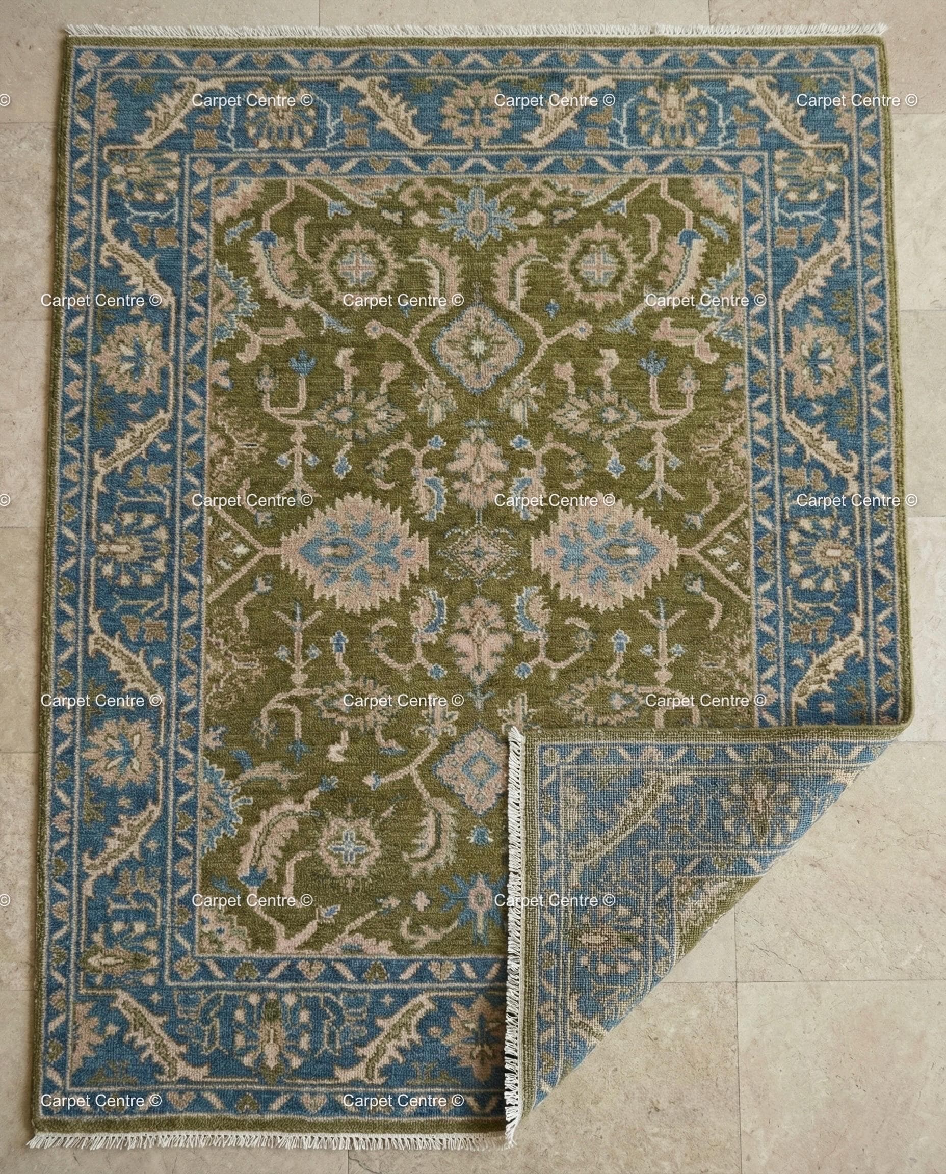 Hand Knotted Wool Oushak Rug – Rose Pink, Green Border, Turkish Floral ...
