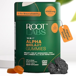 May include: A green cylindrical container of Root Labs Alpha Shilajit Gummies. The label highlights "3.5x Bioavailability" and "4000 mg Shilajit." The product includes Shilajit, Ashwagandha, Maca Root, and more. Two orange gummies and two dark rocks are visible.