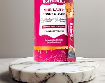 Palitos de miel de fresa y shilajit, mezcla para el bienestar femenino con shatavari y azafrán