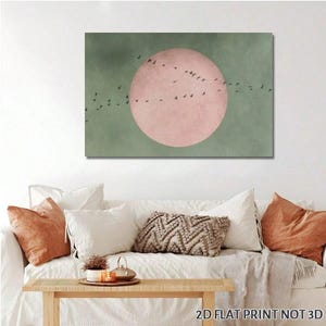 Japandi Canvas Wall Art: Sage Green Flying Birds & Pink Moon
