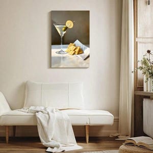 Framed Canvas Poster, Martini And Cheese Crackers Wall Art Canvas Paintings, Cute Quirky Whimsical , Cocktail Art Bar Cart Decor