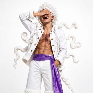 May include: A white jacket with gold buttons and fluffy trim, white shorts with fluffy cuffs, and a purple sash. The outfit includes a white curly wig and a brown chest marking. The ensemble is completed with simple black flip-flop sandals.