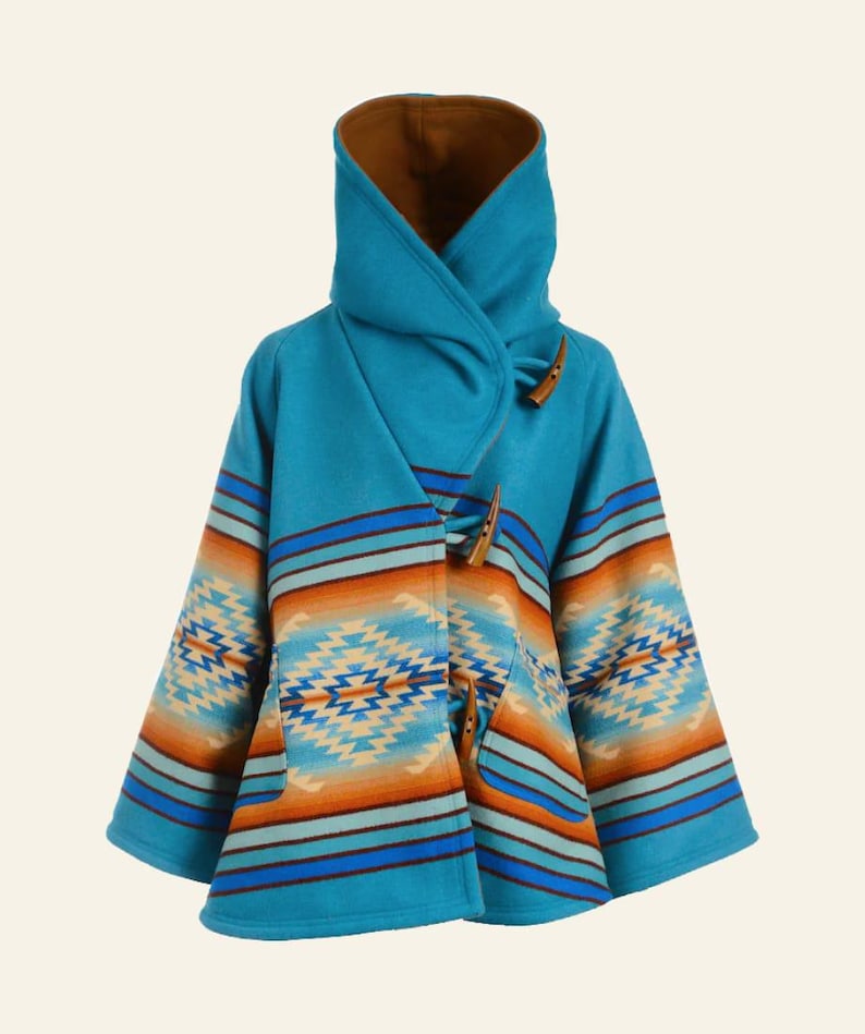 Women’s blue hooded fleece poncho jacket inspired by Beth Dutton in Yellowstone