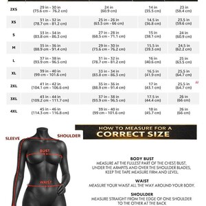 May include: A women's size guide with measurements in inches and centimeters. The guide includes bust, waist, shoulder, and sleeve length measurements for sizes 2XS to 4XL. A diagram illustrates how to measure for a correct size.