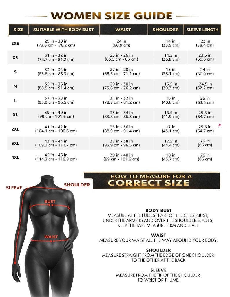 May include: A women's size guide with measurements in inches and centimeters. The guide includes bust, waist, shoulder, and sleeve length measurements for sizes 2XS to 4XL. A diagram illustrates how to measure for a correct size.