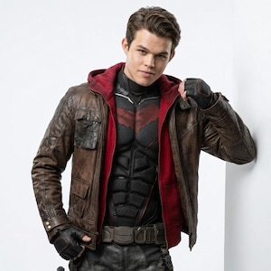 May include: A brown leather jacket with a red hooded lining worn over a black tactical chest piece featuring a red emblem. The outfit includes black fingerless gloves with red trim, a dark utility belt, and dark trousers against a white background.