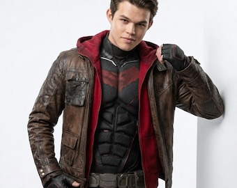 Jason Todd Red Hood Leather Jacket, Titans Cosplay, Distressed Brown Biker Jacket, DC Comics Superhero Jacket