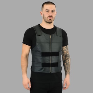 Men’s Black Bulletproof Style Leather Vest – Tactical, Motorcycle & Cosplay Outfit