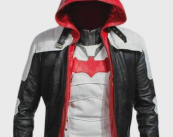 Herren Red Hood Lederjacke, Arkham Knight inspiriertes Biker-Design