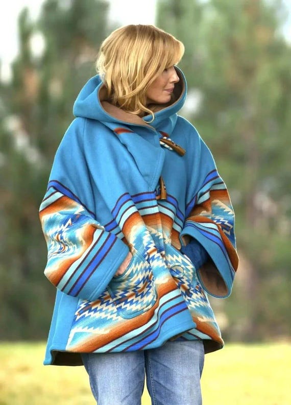 Kelly Reilly Inspired Beth Dutton Blue Hooded Fleece Poncho Yellowstone Coat
