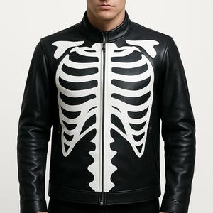 Skeleton Sketch Mens Black Biker Leather Jacket Bones Halloween Cosplay Costume