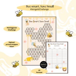 Op de afbeelding: Een afdrukbaar spaaruitdagingsblad met een bijenthema. Het blad heeft een honingraatontwerp met verschillende bedragen om te sparen, variërend van €0,05 tot €4,30. Inclusief een spaartracker en bijenillustraties.