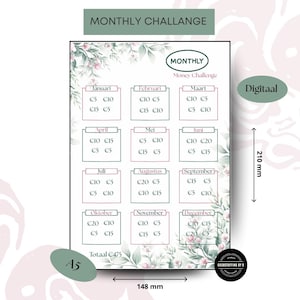 Puede incluir: Un rastreador imprimible de desafío de dinero mensual de tamaño A5 con detalles florales. El diseño presenta una cuadrícula con casillas para cada mes, mostrando cantidades en euros. Las dimensiones son 14,8 cm de ancho y 21 cm de alto.