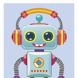 Puede incluir: Un alegre robot de dibujos animados con una cabeza y un cuerpo azul claro, que lleva auriculares amarillos y rojos. El robot tiene ojos grandes y redondos, una boca sonriente y brazos y piernas articulados. La imagen tiene el texto "Tiny Robos".