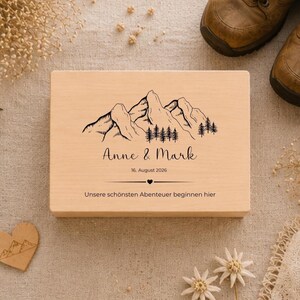 Personalisierte Erinnerungskiste Hochzeit, Geschenk für Wanderer, Geschenk Brautpaar, Geschenke für Bergliebhaber,  Holzkiste Hochzeit