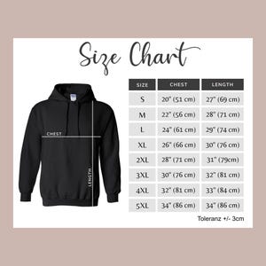 May include: Black hooded sweatshirt with a size chart. The chart lists chest and length measurements in inches and centimeters for sizes S to 5XL. The text "Size Chart" is at the top.