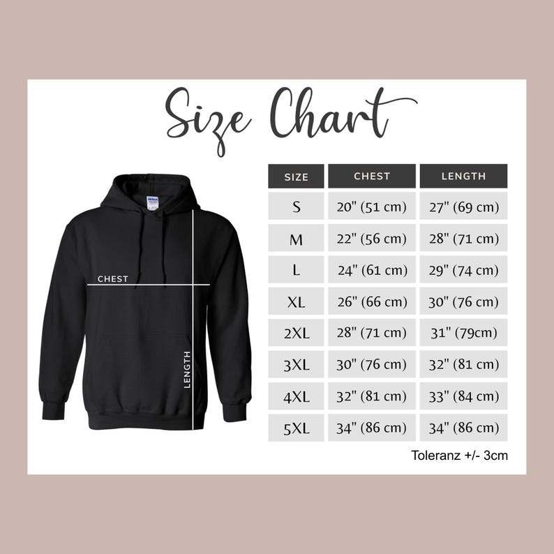 May include: Black hooded sweatshirt with a size chart. The chart lists chest and length measurements in inches and centimeters for sizes S to 5XL. The text "Size Chart" is at the top.