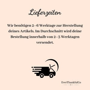 May include: Image with the text "Lieferzeiten" and a description of the processing and shipping times. A black graphic of a delivery truck with a clock is also present. The text states that the order will be shipped within 2-3 business days.