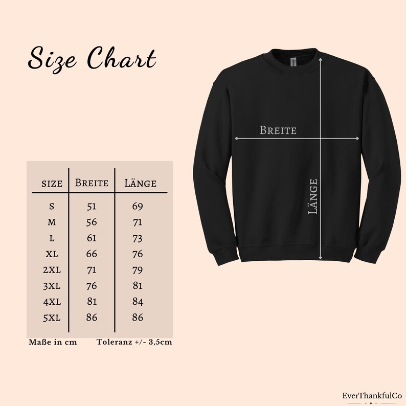 May include: A black sweatshirt with size chart information. The chart shows measurements in centimeters for sizes S through 5XL, including "Breite" (width) and "L&auml;nge" (length). The text "Size Chart" is at the top.