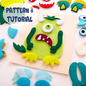May include: A felt monster craft kit with various colorful felt pieces. The main monster is lime green with white horns, a large eye, and a red mouth. The text "PATTERN & TUTORIAL" is in a blue circle.