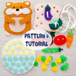 Könnte beinhalten: Eine Sammlung farbenfroher Filzspielzeuge, darunter ein Hamster, ein Sandwich mit Gemüse und ein Kreis mit gelben und grünen Punkten. Das Bild enthält auch eine Karotte, eine Erbsenschote und den Text "PATTERN & TUTORIAL".