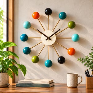 May include: A wall clock featuring a central cream-colored circular face with black hands, surrounded by twelve thin gold-toned metal spokes. Each spoke ends in a smooth, glossy sphere in various colors including orange, teal, green, and black.