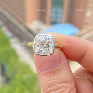 3 CT Cushion Cut Bezel Set Lab Grown Ring, Cushion Solitaire Ring, Cushion Cut Two Tone Ring, Cushion Solitaire Engagement Rings for Women&#39;s