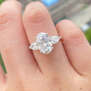 2.5Ct Oval Cut Lab Grown Three Stone Diamond Engagement Ring, Triad Engagement Ring,14k Gold Trilogy Oval & Pear Real Lab Grown Diamond Ring